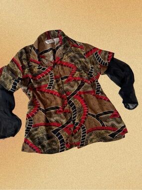 Vibrant Abstract Print Button-Up Blouse with Sheer Black Sleeves
